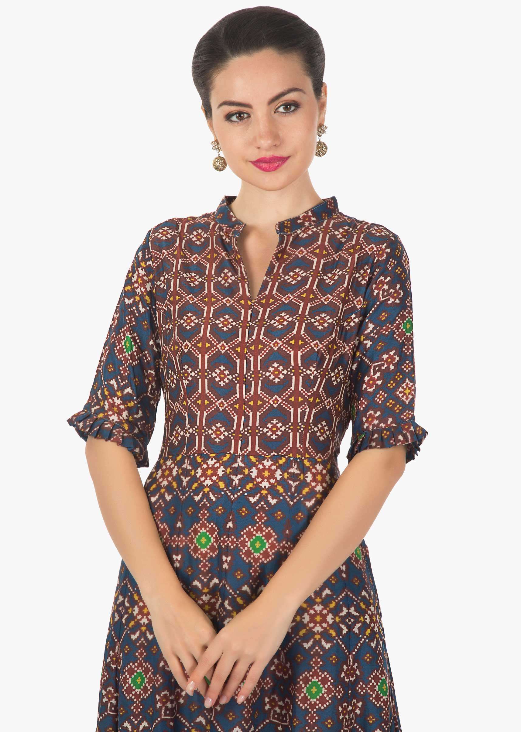 blue and red long dress in patola silk with ikkat motif print only