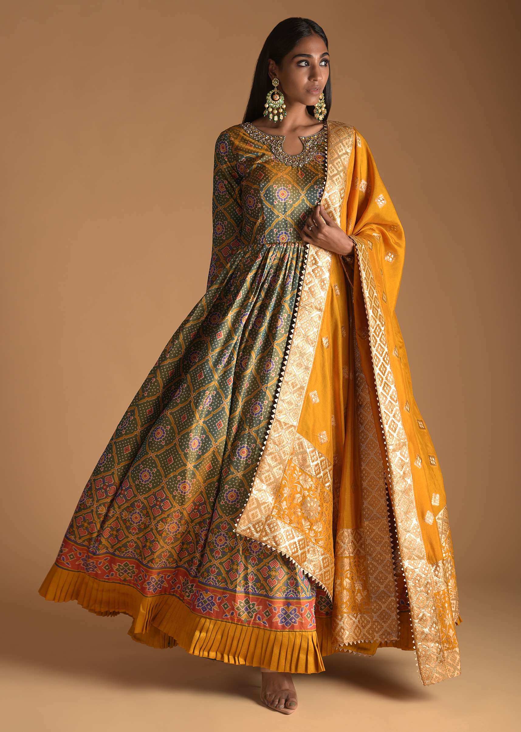 Buy Sage Green Anarkali Suit In Cotton Silk With Patola And Bandhani  Printed Jaal And Mustard Banarasi Dupatta Online - Kalki Fashion